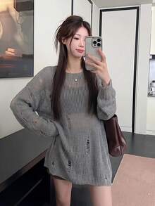 Sweater Pullover Lengan Panjang Leher Bulat Longgar Gaya Korea Terbaru untuk Musim Gugur, dengan Detail Sobek dan Tampilan Santai, Pakaian Musim Gugur Wanita - Grey - View 4