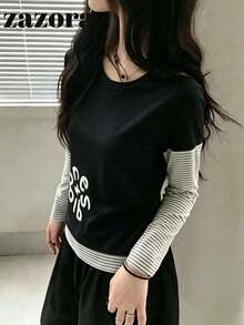 Kaos Lengan Panjang Patchwork Bergaris Gaya Korea 2 in 1 untuk Wanita, Potongan Longgar, Ramping, Serbaguna, Cocok untuk Musim Gugur - Hitam - View 5