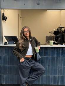 Sookaug 女款極簡休閒百搭日常深灰色高領夾克，新款寬鬆顯瘦優雅長袖上衣，羅紋針織雙拉鍊翻領長袖開襟衫，秋冬常規針織夾克 - 咖啡棕 - 查看 2