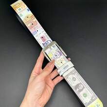 1件中性世界鈔票印花PU腰帶，銀色針扣可調節腰帶，牛仔褲與長褲街頭裝飾腰帶 - A - 查看 2