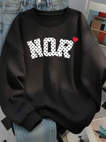 American Minimalist Fun Polka Dot Letter NOR Red Heart Print Black Crew Neck Sweatshirt Relaxed Fit Dropped Shoulder Long Sleeve Autumn - Black - View 4