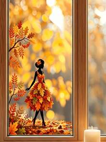 Autumn Leaf Dancer Silhouette Window Sticker, Glue-Free PVC Static Cling Decal, Creative Aesthetic Maple Leaf Butterfly Glass Sticker, Autumn Atmosphere Art Window Decal - Multicolor - View 2