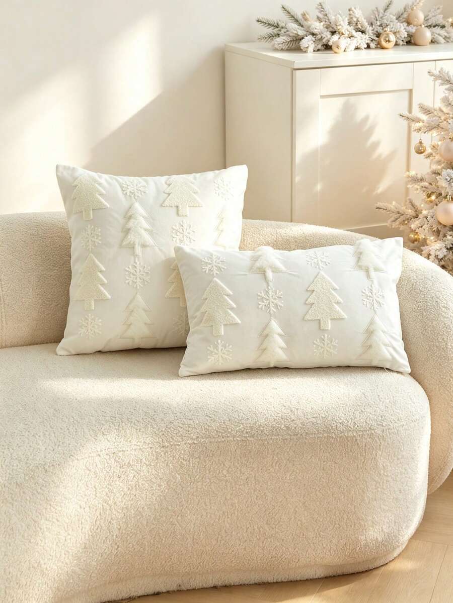 LCUHPCL 1pc/2pcs Christmas Style Cream White 3D Embroidered Christmas Tree Pillow Case, Home Decor For Living Room, Bedroom, Party, Sofa And More