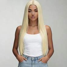 28 Inch Long Straight Hair Wig, Middle Part No Bangs, Heat Resistant, Fashionable And Elegant, Natural Style, Fluffy And Versatile, Suitable For Everyone's Daily Wear And Holiday, Party, Cosplay Role Play, Christmas, Music Festival Use - Gold - View 7