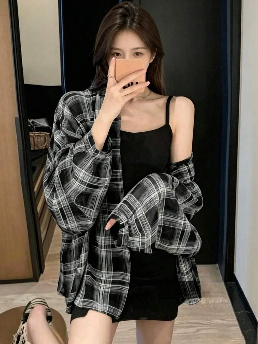 YCYC 韓式風格春季新款防曬薄款高級格紋襯衫外套上衣 女款 - 黑色 - 查看 1