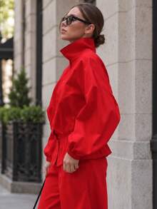 Women's Red Polyester Stand Collar Long Sleeve Jacket With Ruffle And Pocket Details, Non-Stretch Regular Fit - Red - View 3