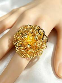 1pc Fashionable Women's Copper Gold Flower Ring Middle East Dubai Europe America Saudi Arabia Africa Bridal Party Dress Accessory Mother's Day Valentine's Day Date Festival Gift Christmas Halloween Hand Jewelry - Yellow Gold - View 3