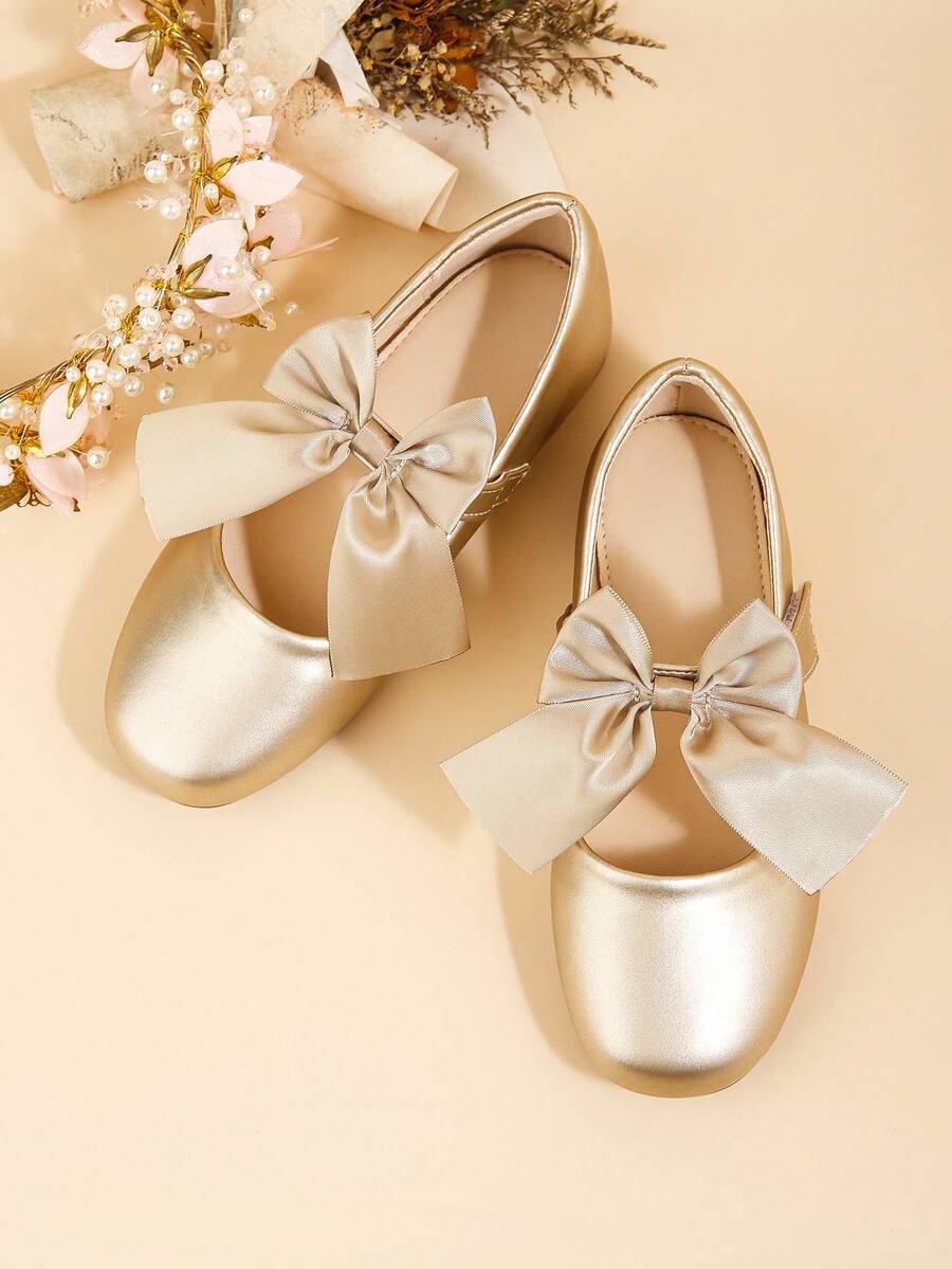 Elegant Bow Mary Jane Flats For Girls, Suitable For Middle And Older Children, For Indoor Parties And Events In Autumn/Winter, To Pair With Dresses - Gold - View 1