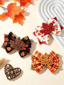 2/3PCS Children Maple Leaf Print Bow Hair Clips, Sequin Bow Cartoon Maple Leaf Accessory Decorative Hair Clips, Suitable For Autumn/Winter Outdoor Wear - Multicolor - View 3