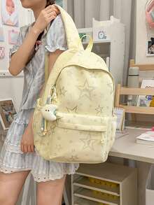 Star Print Nylon Backpack For Girls, Large Capacity Student School Bag With Multiple Compartments, Suitable For Elementary, Middle And High School Students, Commuting, Travel, Shopping, Campus Casual, Cute Backpack With Cute Pendant, Multiple Colors Available - A - View 4