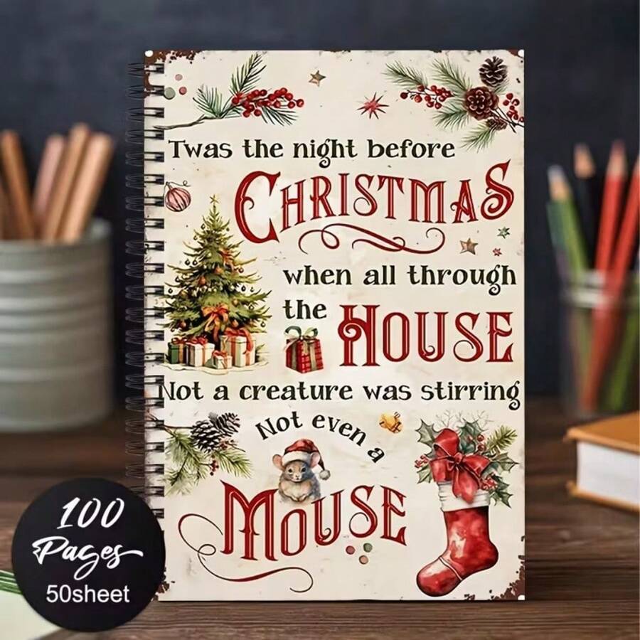 Vintage Christmas Theme A5 Spiral Notebook, 50 Sheets 100 Pages, "Twas The Night Before Christmas" Design, For Office Meeting Records, Classroom Notes, Portable Planner, Professional Use, Holiday Gift - One Book (50 Pages, 100 Pages) - View 1