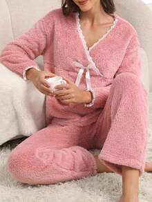 Women's Pink Lace Patchwork Bow Long Sleeve Pajama Set, Thick Long Pants 2 Pieces Set, Solid Color Casual Homewear - Pink - View 2