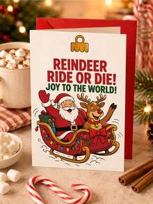 1pc "Reindeer Ride Or Die! Joy To The World!" Christmas Greeting Card Set, Santa & Reindeer Sleigh Illustration With Red Envelope For Best Friends, Family, Coworkers & Holiday Celebrations - Fun Reindeer - View 10