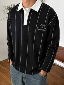 Krometka Men's Contrast Color Lapel Vertical Striped Long Sleeve Polo Shirt, Minimalist Letter Embroidery Loose Casual Top - Black - View 2