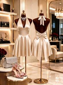 Aliling Women's Sexy Champagne Satin Halter Deep V-Neck Backless Large Bow A-Line Mini Dress, Luxury Nightclub Party Date Outfit For Autumn - Apricot - View 4