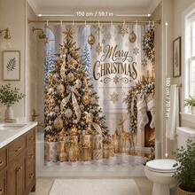 1pc/4pcs Gold Fireplace Christmas Tree Pattern Multi-Functional Bathroom Decor Shower Curtain Set, Free 12 Hooks, Premium Holiday Atmosphere, Bathroom Mat U-Shaped Floor Mat And Round Toilet Lid Cover, Suitable For All Scenes Decoration Bathroom Set - Gold Fireplace Christmas Tree - View 12