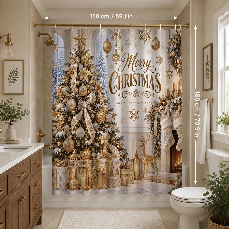 Bộ rèm tắm trang trí phòng tắm đa năng họa tiết cây thông Noel lò sưởi màu vàng 1 món/4 món, tặng kèm 12 móc, phong cách lễ hội cao cấp, kèm thảm chùi chân hình chữ U và nắp bồn cầu tròn, phù hợp trang trí mọi không gian phòng tắm - Cây thông Noel treo lò sưởi màu vàng - Xem 12
