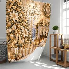 1pc/4pcs Gold Christmas Tree Pattern Multifunctional Bathroom Decor Shower Curtain Set Free 12 Hooks Premium Holiday Atmosphere Bathroom Mat U-Shaped Floor Mat And Round Toilet Lid Cover Suitable For All Scenes Decoration Bathroom Set - Gold Christmas Tree 6 - View 2