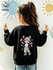 Girls' Cute Printed Drop-Shoulder Round-Neck Long-Sleeve Casual Sports Sweatshirt - Black - View 10