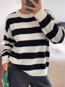 Women's Round Neck Striped Knit Sweater, Drop Shoulder Loose Fit Vintage Pullover Top, Suitable For Campus, Party And Daily Occasions - Black and White - View 6