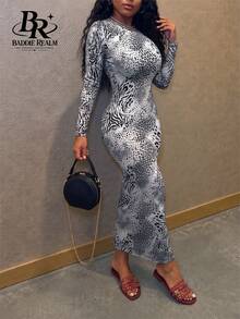 BADDIE REALM Women's Mid-Length Leopard Print Fitted Vacation Style Dress - Black and White - View 2