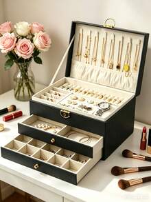 3/1 Layer Jewelry Box With Lock, Necklace, Ring, Earring Storage And Organizer, Gift For Women Back To School - Multicolor - View 1