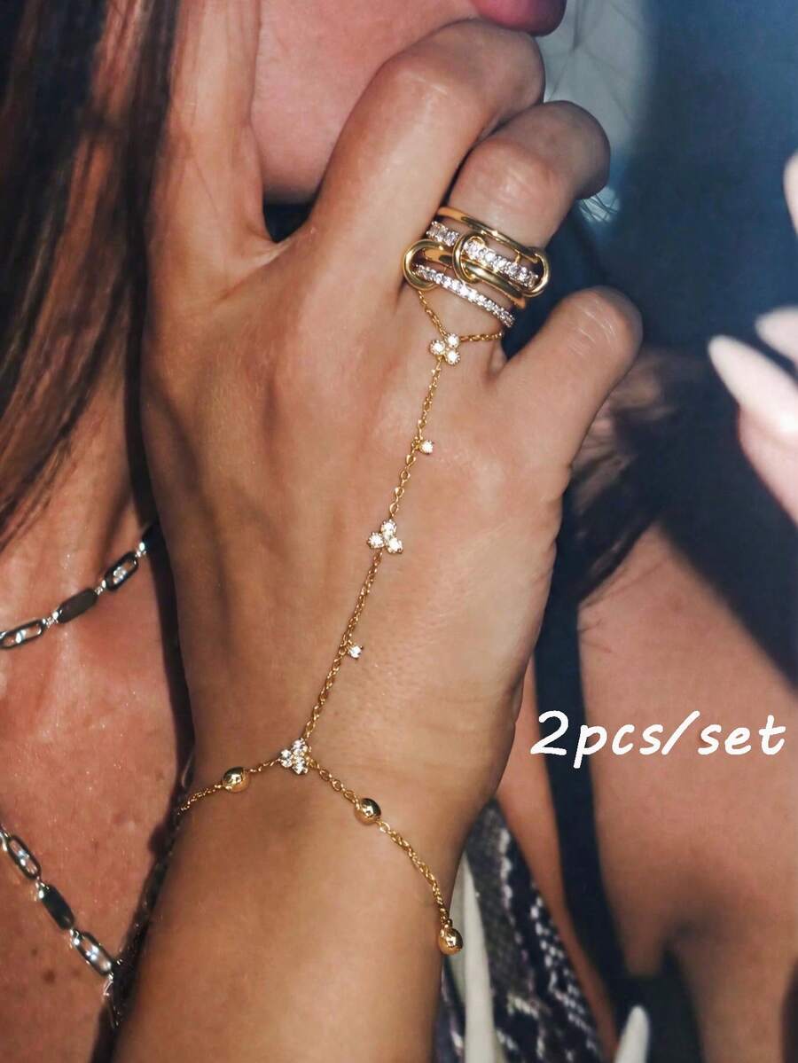 rundraw 2pcs Women's Ring & Bracelet Set, Multi-Color Copper Material, Four-Ring Interlocking Clover With CZ Inlay, Elegant & Exquisite Women's Jewelry Suitable For Wedding & Engagement - Gold - View 1