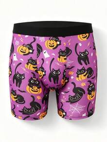 1pc Purple Men's Boxer Briefs, Black Spooky Cat All-Over Print, Soft Elastic Breathable Fabric, Humorous Holiday Gift, Suitable For Husband Daily Home Wear - Multicolor - View 2