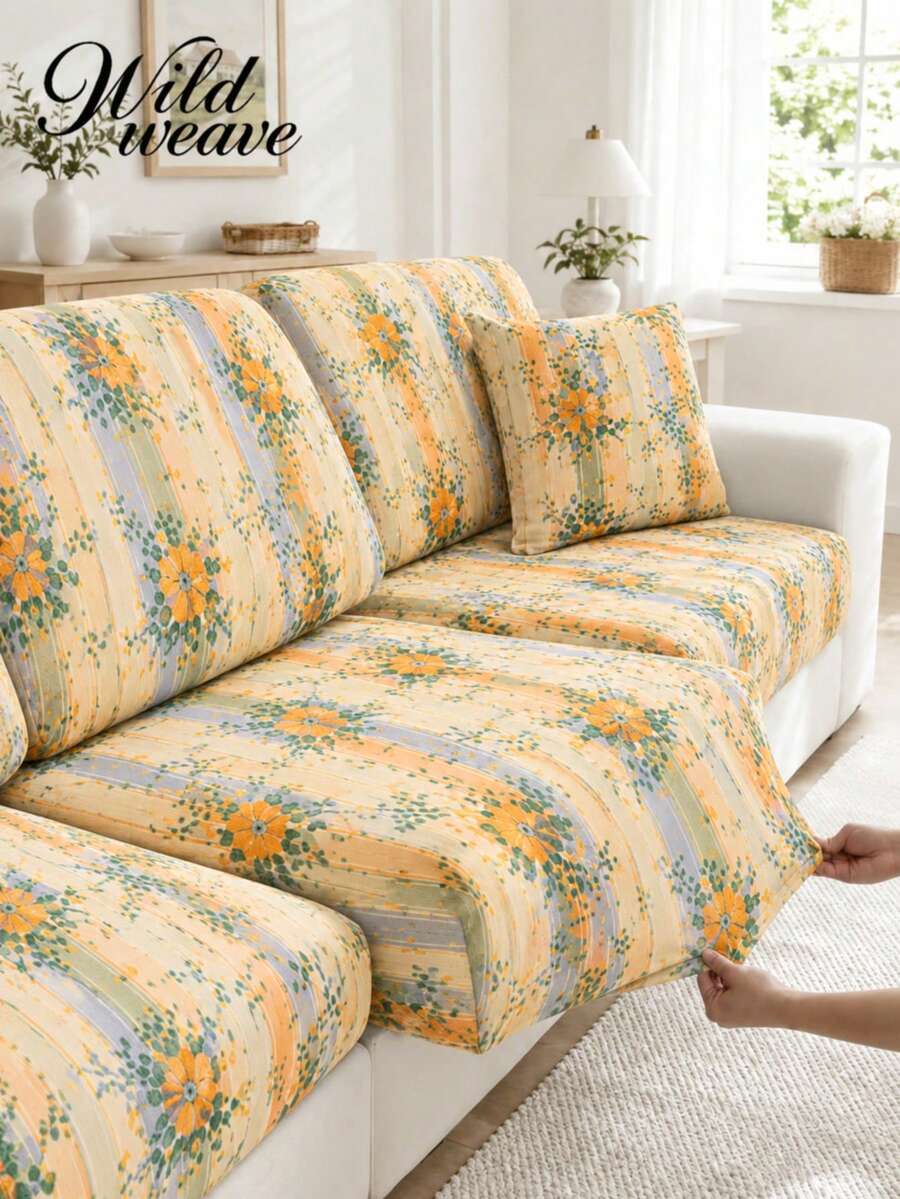 1pc Printed Milk Silk Sofa Cushion Cover, High Elasticity Removable Washable All-Season Sofa Slipcover, Suitable For Kitchen, Living Room, Bedroom, Balcony Garden And Multiple Occasions, Single Piece Sold Not Set Sofa Cushion Protector Cover
