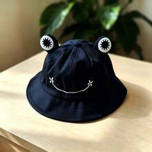 1pc Cartoon Frog Pattern Bucket Hat, Couple Hat, Parent-Child Hat, Summer Hat - Black - View 2