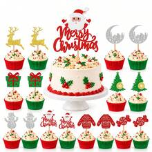 1Pc/16pcs Christmas Cake Topper Merry Christmas Cake Decorations With Santa, Reindeer, Snowman, Christmas Tree, Gift Box And Candy Designs, Red Green Gold Glitter Cake Picks For Holiday Party Supplies - Multicolor - View 1