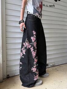 Hearty Haven 1pc American Retro Street Style Men's Loose Embroidered Wide Leg Jeans, Comfortable All-Season Long Pants - No Belt And Accessories - Black - View 4