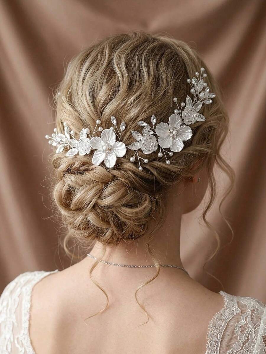 1pc Flower & Leaf Faux Pearl Decorated Double Hair Comb, Elegant Hair Accessory Suitable For Bride Wedding, Daily Photography, Party Banquet And Other Occasions - Silver - View 1