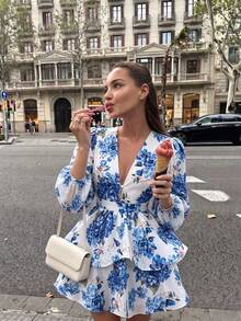 Vuslat Autumn Fashion Oil Painting Floral Print V-Neck Double Layer Flared Short Dress, Elegant Party, Wedding Guest, Birthday, Date - Multicolor - View 8