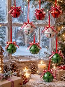 12pcs Random Assortment Set, Includes Christmas Bells, Hollow Star Print Pendants With Red Ribbons And Bows, Suitable For Holiday Party Decor, DIY Home Decor, Outdoor Decor And Christmas Tree Ornaments - Multicolor - View 5