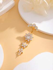 1pc Copper Inlaid Zirconia 3-Section Octagonal Flower Belly Ring, Sexy Stainless Steel Piercing Navel Stud Suitable For Women And Men Wear - Yellow Gold - View 1
