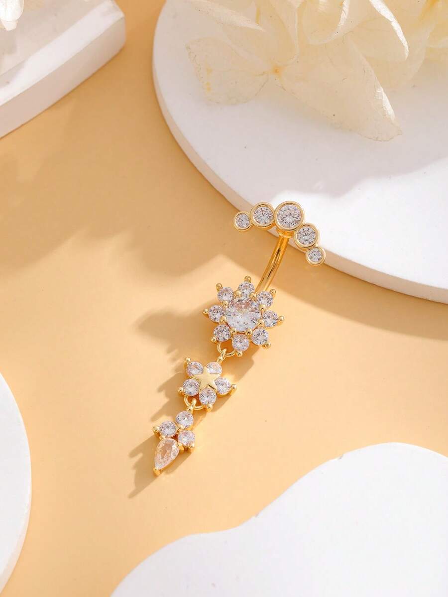1pc Copper Inlaid Zirconia 3-Section Octagonal Flower Belly Ring, Sexy Stainless Steel Piercing Navel Stud Suitable For Women And Men Wear - Yellow Gold - View 1