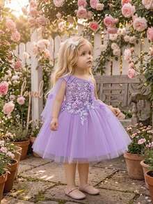 Baby Girls Bow & Floral Mesh Princess Dress, Suitable For Party Flower Girl, Fabric Floral Pattern Randomly Cut, Headband Not Included - Mauve Purple - View 5