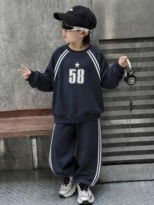 2pcs Navy Blue Drop Shoulder Crew Neck Sweatshirt + Side 3 White Vertical Stripes Wide Leg Long Pants, Star 58 Number Print Vintage Boys Sports Set - Blue - View 2