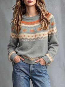 Pumpkin Fair Isle Knit Sweater, Round Neck Drop Shoulder Long Sleeve Vintage Loose Casual Women's Pullover, Halloween Autumn Holiday Party Outfit - Grey - View 3
