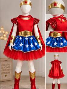 Disfraz Infantil de Guerrera con Vestido Rojo, Falda Azul con Estrellas, Capa, Cinturón, Muñequeras y Botas Decorativas para Niña - Rojo - Ver 2