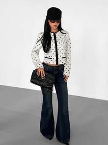 French Vintage Black & White Polka Dot Short Jacket For Women, Round Neck Contrast Black Trim Zipper Fake Pocket Design Fitted Short Jacket - Black and White Dots - View 5