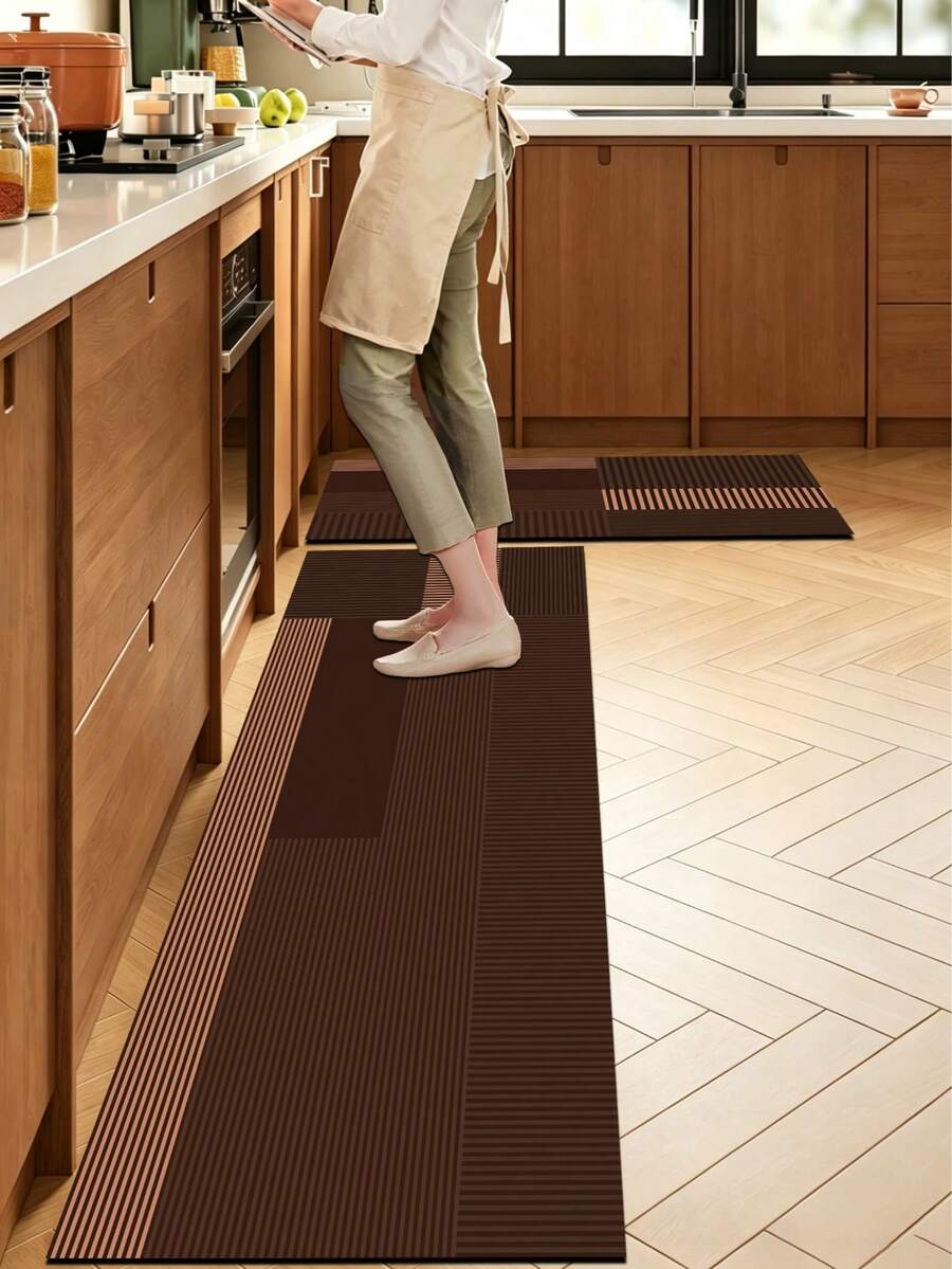 1pc Dark Brown Patchwork Vertical Striped Kitchen Rug, 3.5mm Cuttable Absorbent Mat, Durable & Comfortable, Entrance Door Mat Indoor Bathroom Mat Outdoor Garden Decor Universal Use - Multicolor - View 1
