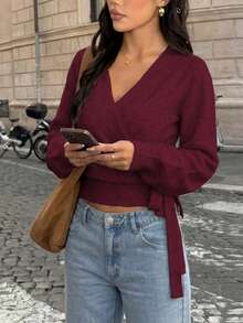 Plus Size Women's Solid Color Overlap V-Neck Side Knot Long Sleeve Knit Cardigan - Burgundy - View 4