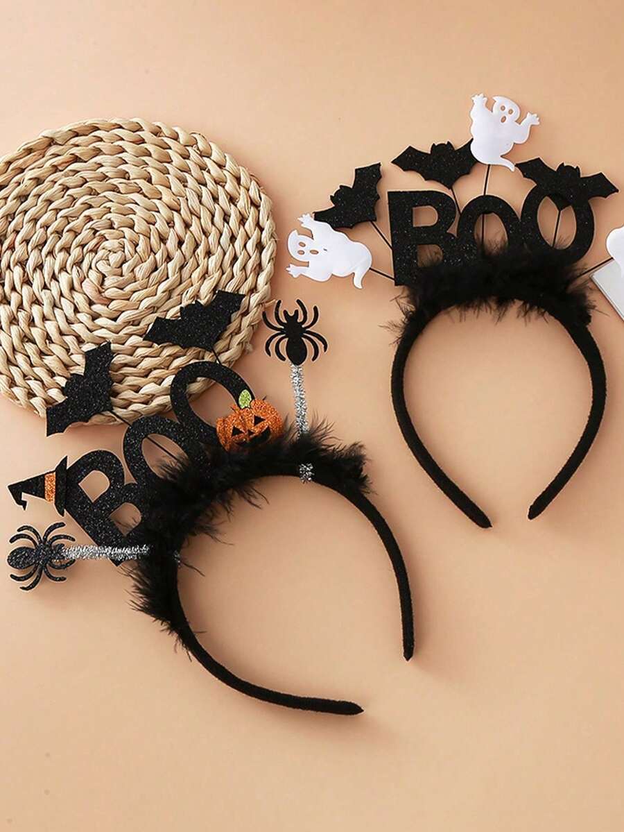 1pc Halloween BOO Headband, Ghost Bat Pumpkin Spider Fluffy Hair Hoop, Spooky Cosplay Party Trick Or Treat Hair Accessory - Black - View 1