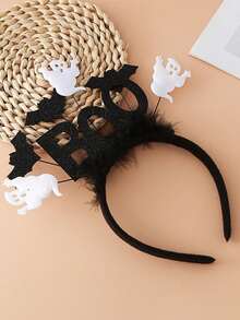1pc Halloween BOO Headband, Ghost Bat Pumpkin Spider Fluffy Hair Hoop, Spooky Cosplay Party Trick Or Treat Hair Accessory - Black - View 7