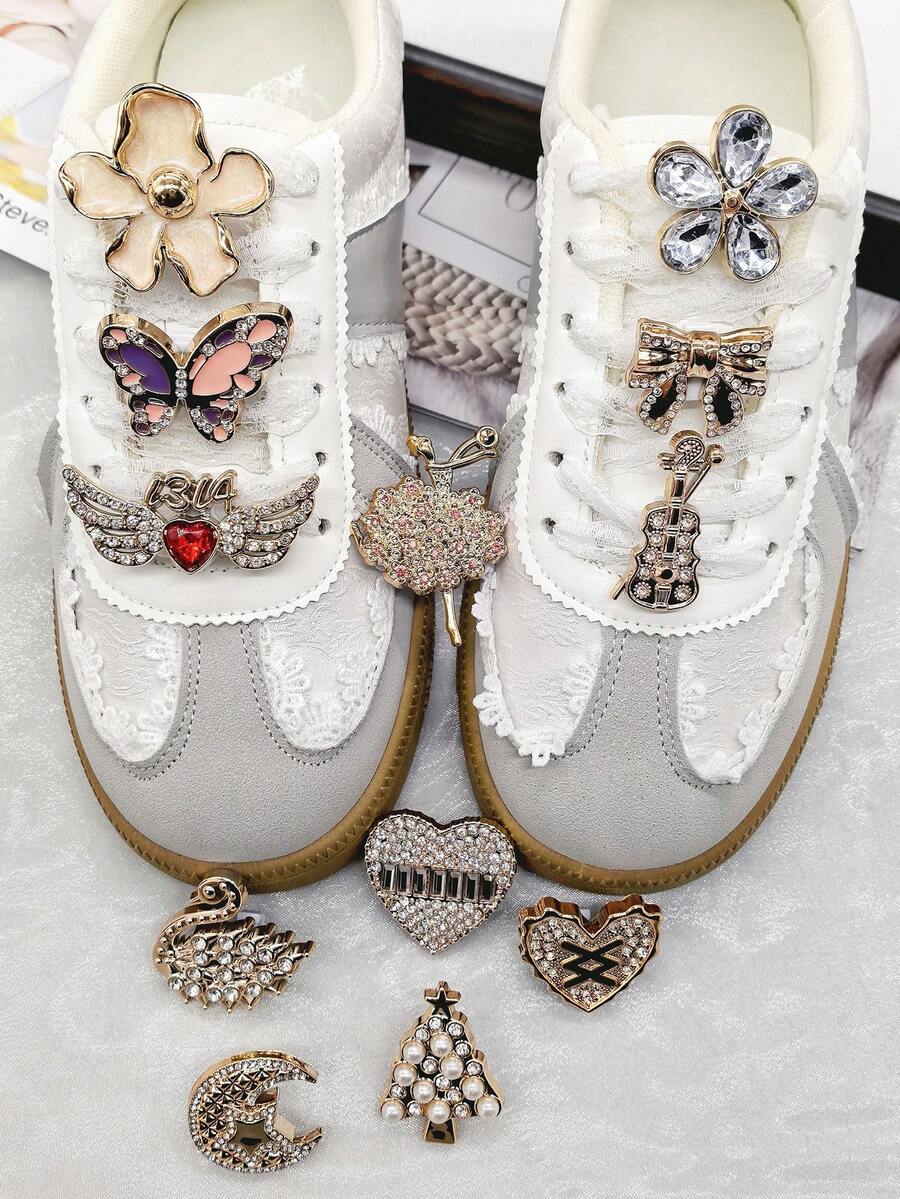 6PCS Rhinestone Butterfly Wing Swan ABS Shoe Lace Charms DIY Accessories Removable Ballerina Flower Shoelace Buckles Decorations Heart Bow Shoe Clips