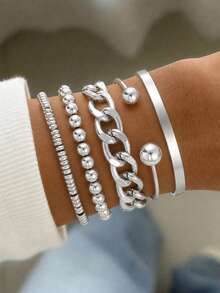 5/10pcs Fashion Minimalist Exaggerated Old Money Style Layered Vintage Design Chunky Chain & Beaded Bracelet Set For Women, Suitable For Vacation, Date, Party, Ball, Banquet, Holiday, Birthday Gift, Daily Wear - Silver - View 4