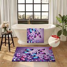 1pc Blue & Purple Butterflies Print Design Microfiber Bath Rug,Non‑Slip Soft Bathroom Mat,Water‑Absorbent Doormat,Machine Washable,Low Pile,TPR Backing,Knit Fabric,ForBedroom,Kitchen,Entryway Indoor Use,Accessories & Home Decor,Perfect New House Gift - A - View 6