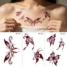3 Sheets Matte Waterless Temporary Tattoo Stickers, Long Lasting Henna Style Brown Butterfly Fake Tattoos, Body Art Stickers For Chest Shoulder Party Festival - Brown - View 2
